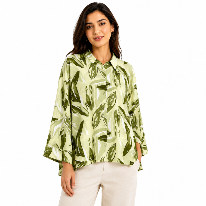 Women Leaf Print Button Front Blouse