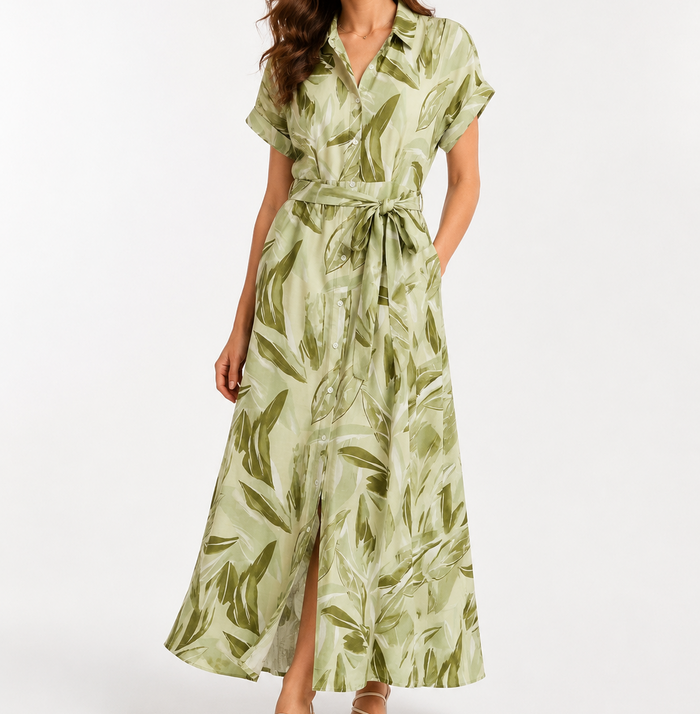 Women Leaf Print Button Front Midi Dress