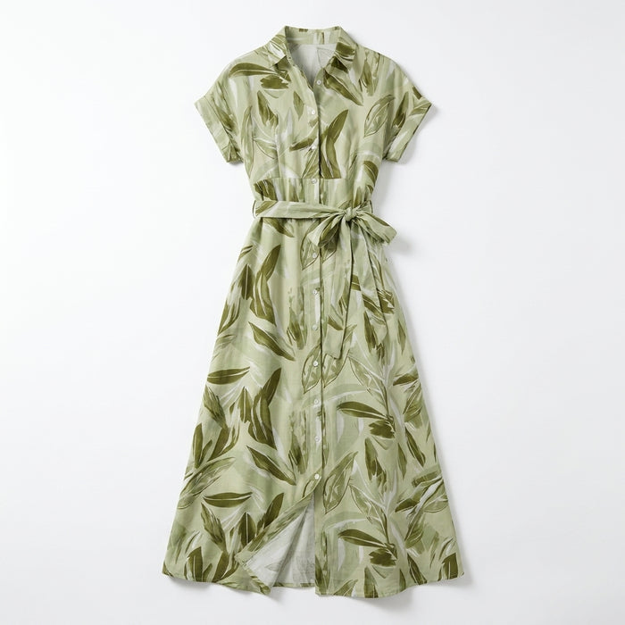 Women Leaf Print Button Front Midi Dress