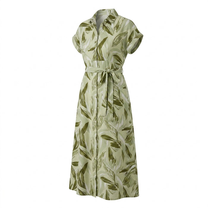 Women Leaf Print Button Front Midi Dress