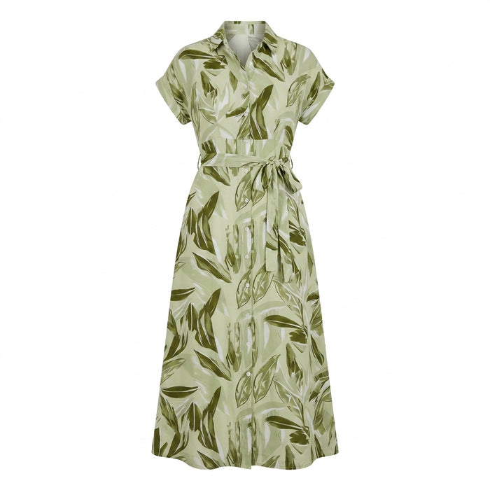 Women Leaf Print Button Front Midi Dress
