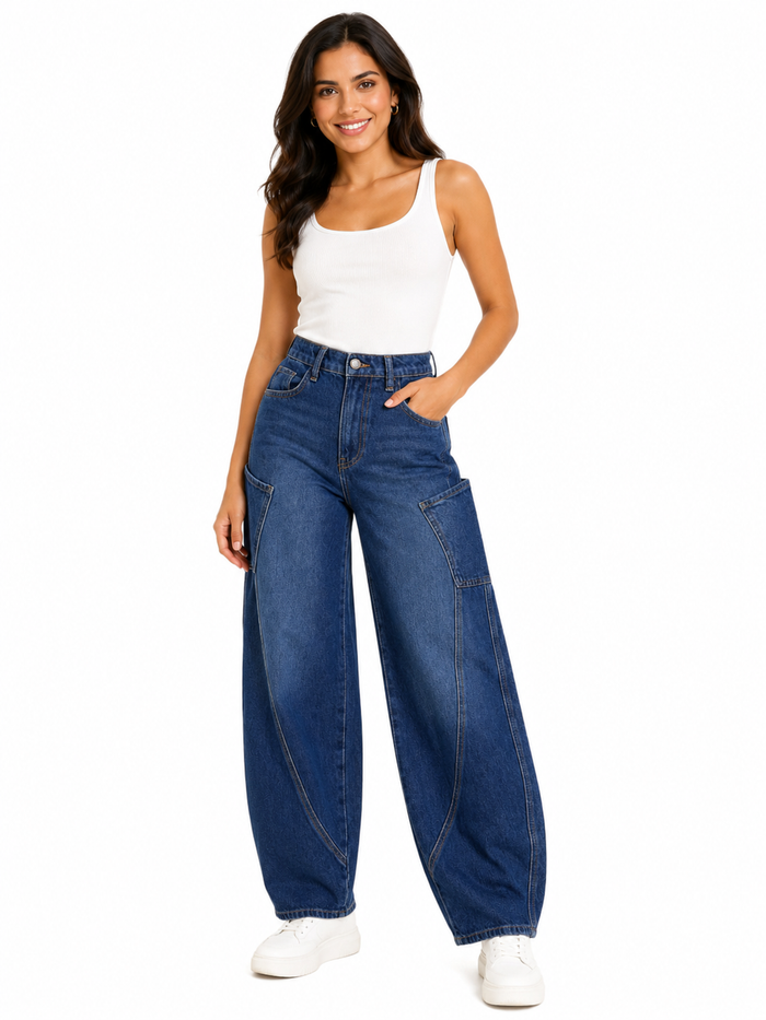 Women Mid Curved Seam Wide Leg Jeans