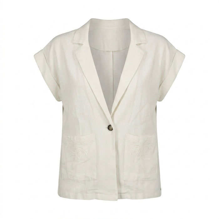 Women Short Sleeve Button Front Blouse With Embroidered Pockets