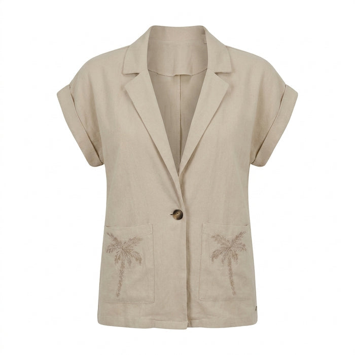 Women Short Sleeve Button Front Blouse With Embroidered Pockets