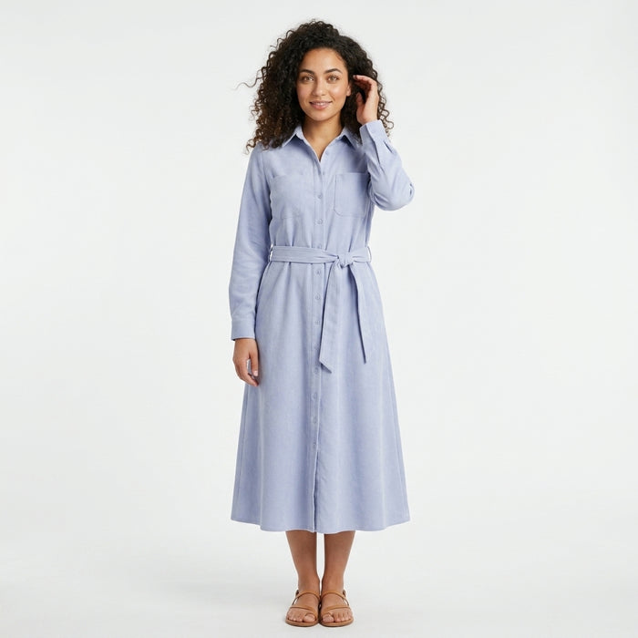 Women Stripe Belted Shirt Maxi Dress
