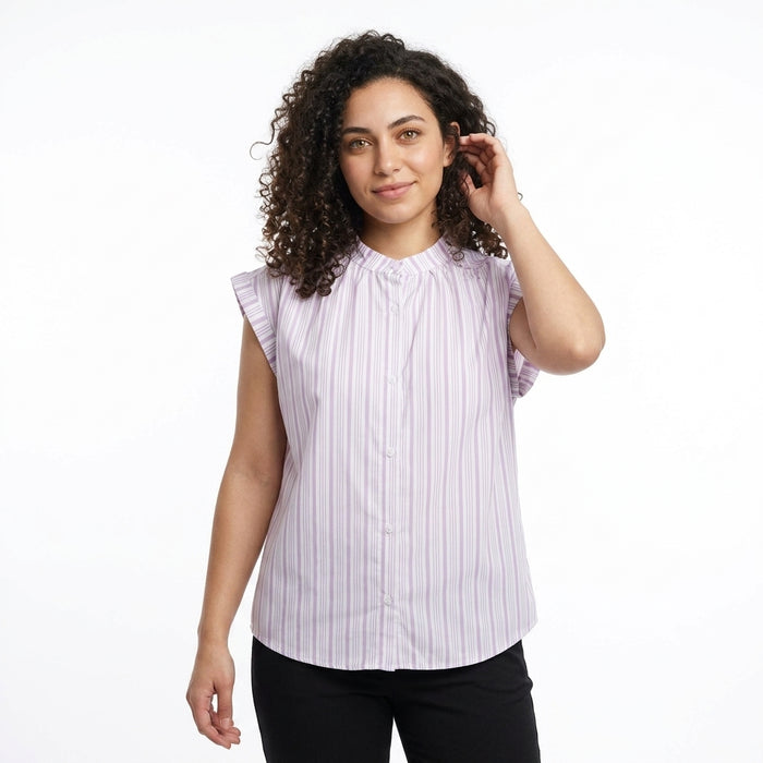 Women Striped Cap Sleeve Button Front Blouse