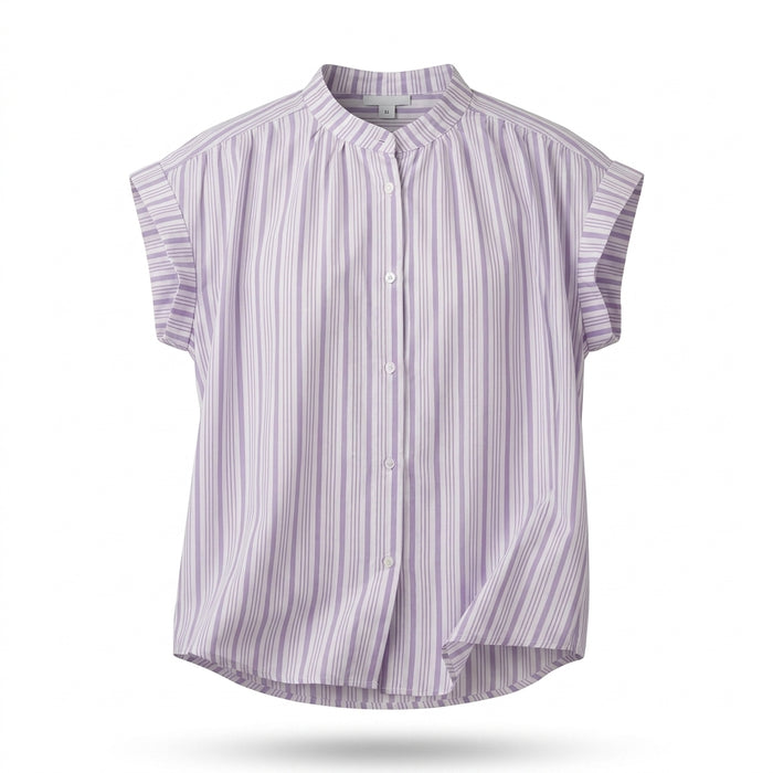 Women Striped Cap Sleeve Button Front Blouse