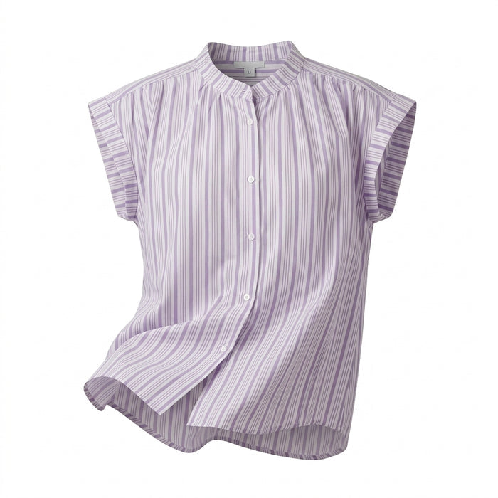 Women Striped Cap Sleeve Button Front Blouse