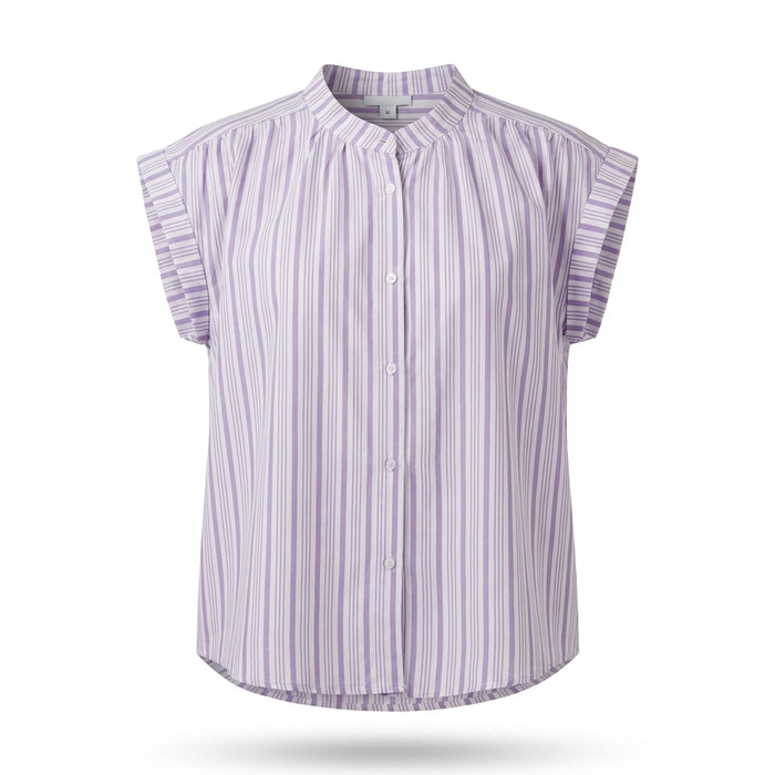 Women Striped Cap Sleeve Button Front Blouse