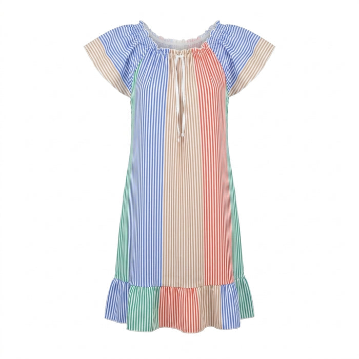 Women Striped Midi Dress With Ruffle Sleeves