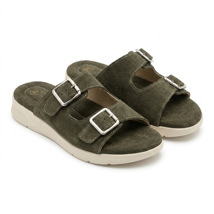 Women Suede Look Double Buckle Slide Sandals