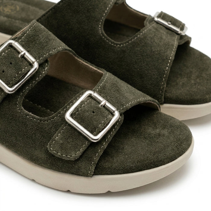 Women Suede Look Double Buckle Slide Sandals