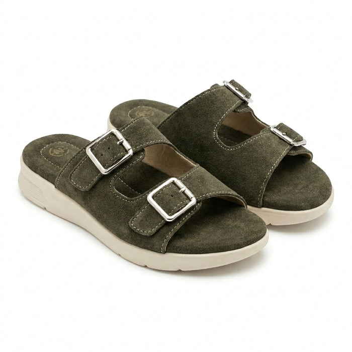 Women Suede Look Double Buckle Slide Sandals