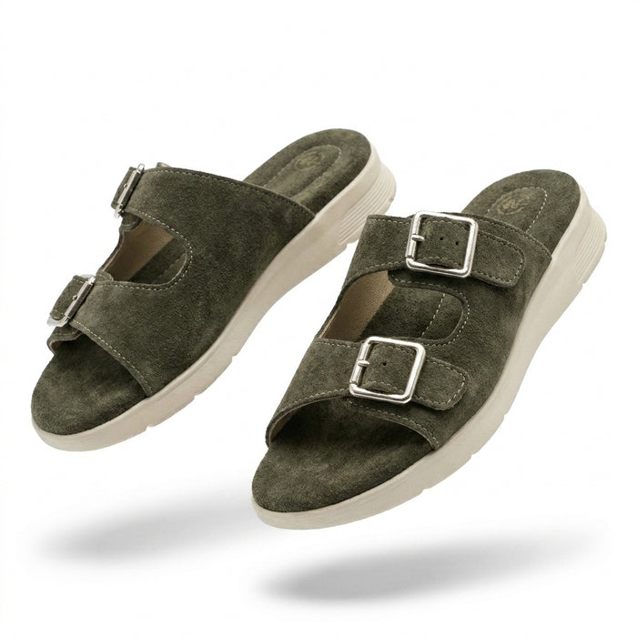 Women Suede Look Double Buckle Slide Sandals