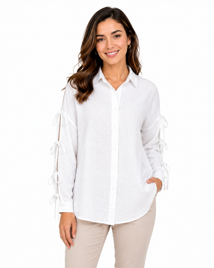 Women Tie Sleeve Button Front Blouse