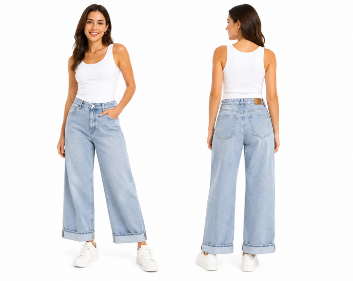 Women Wide Leg Cropped Denim Jeans With Turn Up Hem