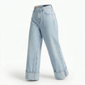 Women Wide Leg Cropped Denim Jeans With Turn Up Hem