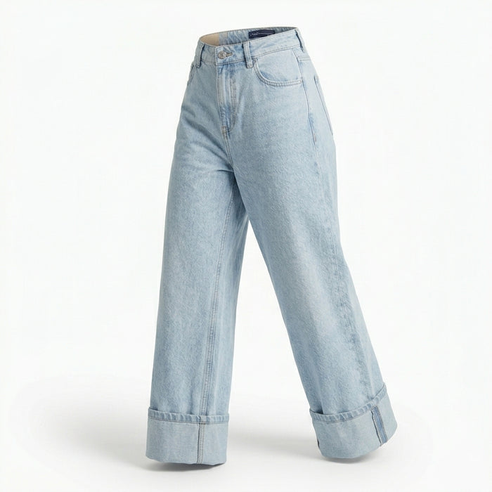 Women Wide Leg Cropped Denim Jeans With Turn Up Hem