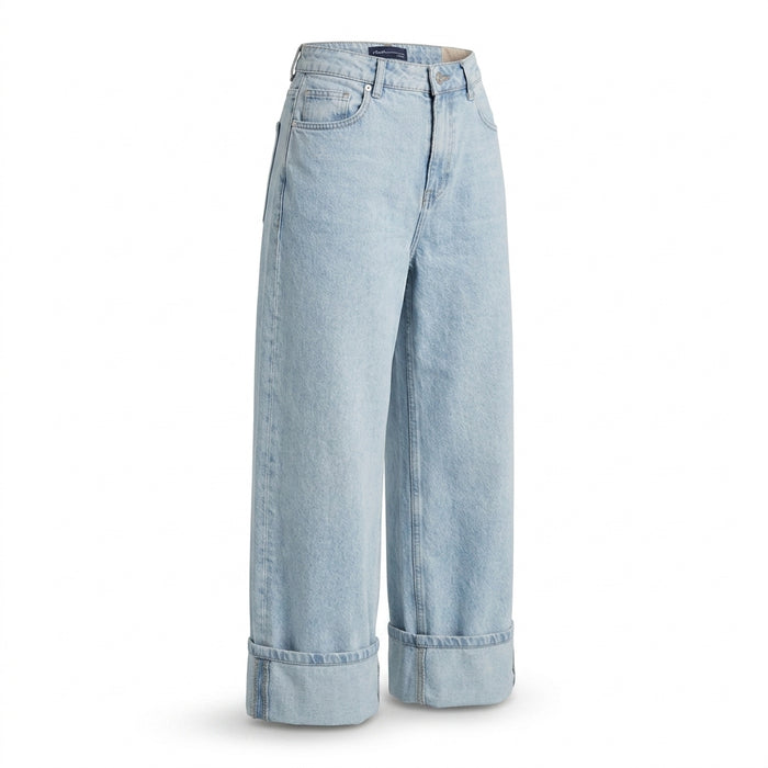 Women Wide Leg Cropped Denim Jeans With Turn Up Hem