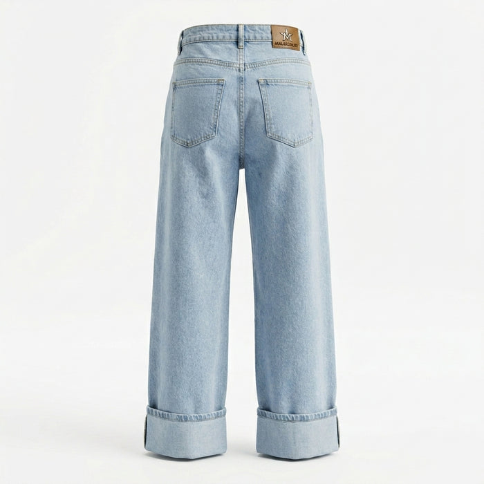 Women Wide Leg Cropped Denim Jeans With Turn Up Hem