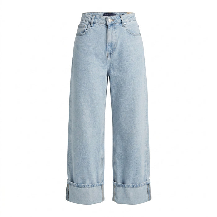 Women Wide Leg Cropped Denim Jeans With Turn Up Hem