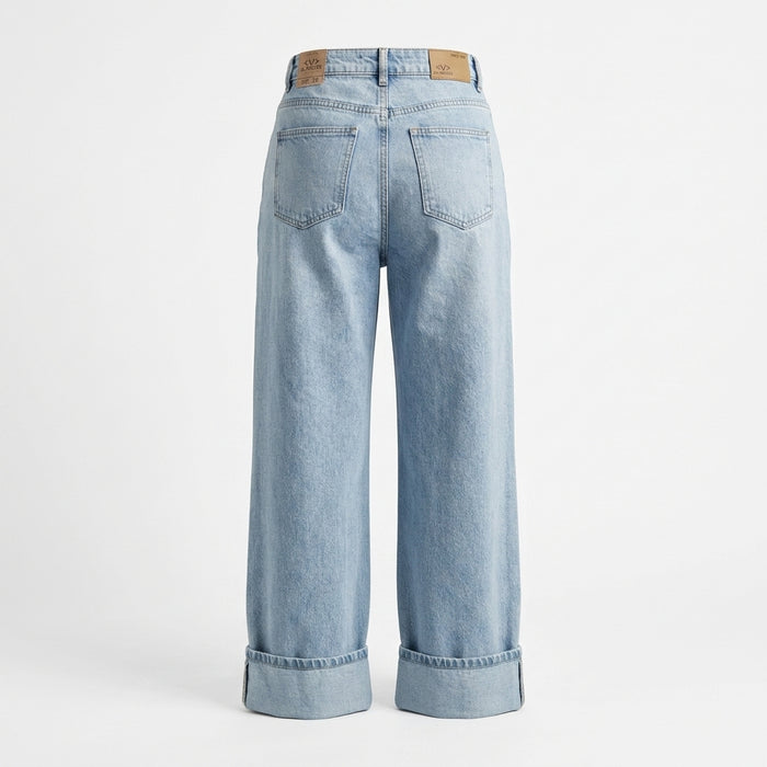 Women Wide Leg Cropped Denim Jeans With Turn Up Hem