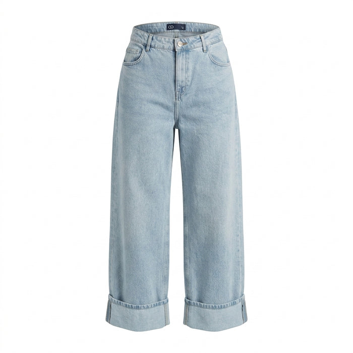 Women Wide Leg Cropped Denim Jeans With Turn Up Hem