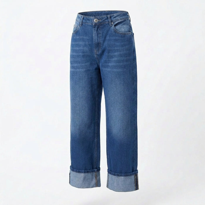 Women Wide Leg Cropped Denim Jeans With Turn Up Hem
