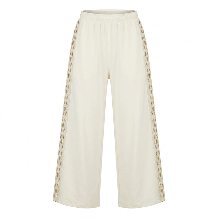Women Wide Leg Pants With Embellished Lace Side Panels
