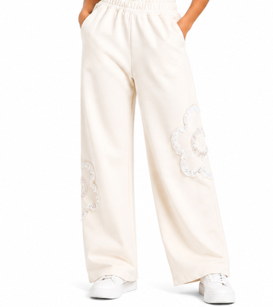 Women Wide Leg Sweatpants With Floral Lace Appliqué