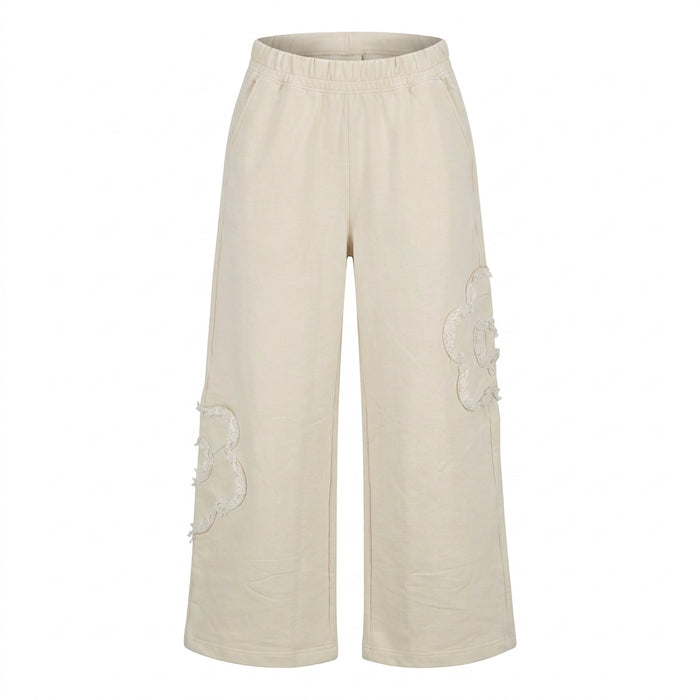 Women Wide Leg Sweatpants With Floral Lace Appliqué