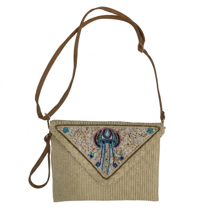 Woven Crossbody Bag With Beaded Jellyfish Design