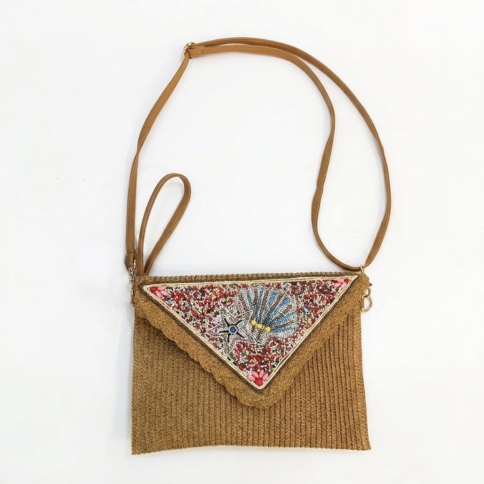 Woven Crossbody Bag With Beaded Sea Motif Flap
