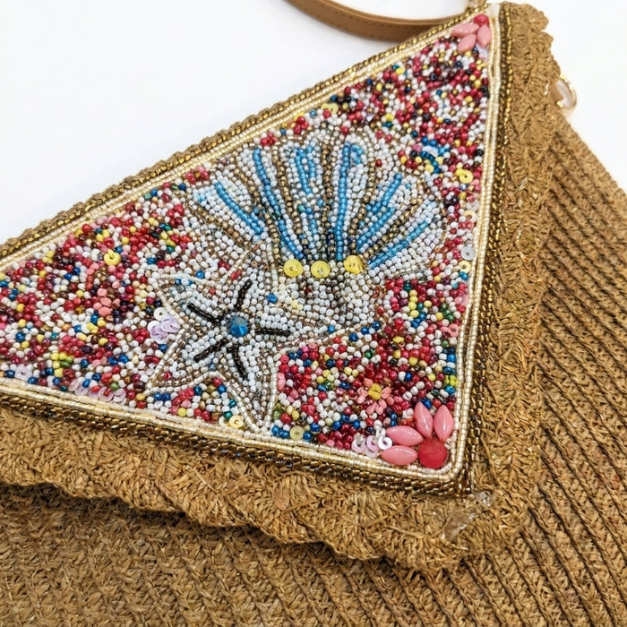 Woven Crossbody Bag With Beaded Sea Motif Flap