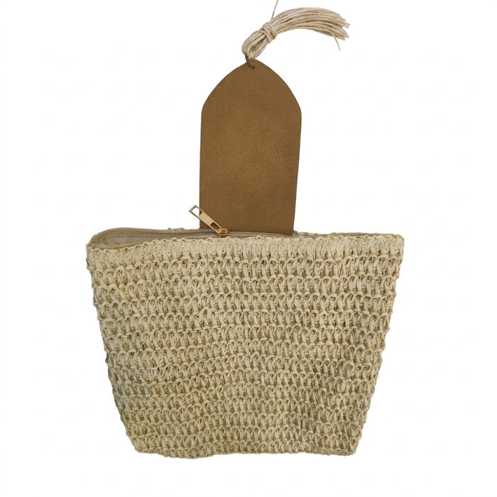 Woven Straw Crossbody Bag With Beaded Floral Flap