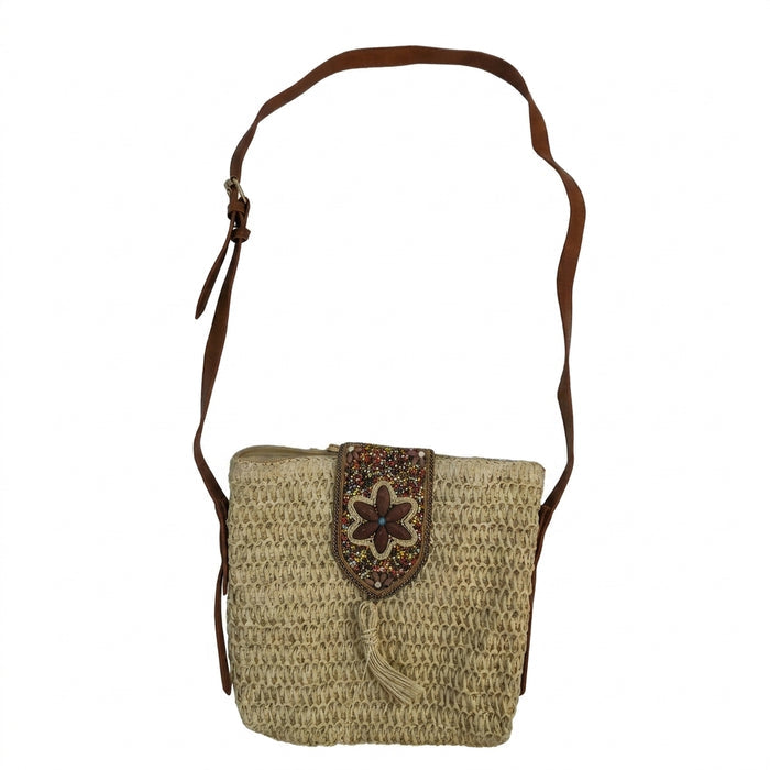 Woven Straw Crossbody Bag With Beaded Floral Flap