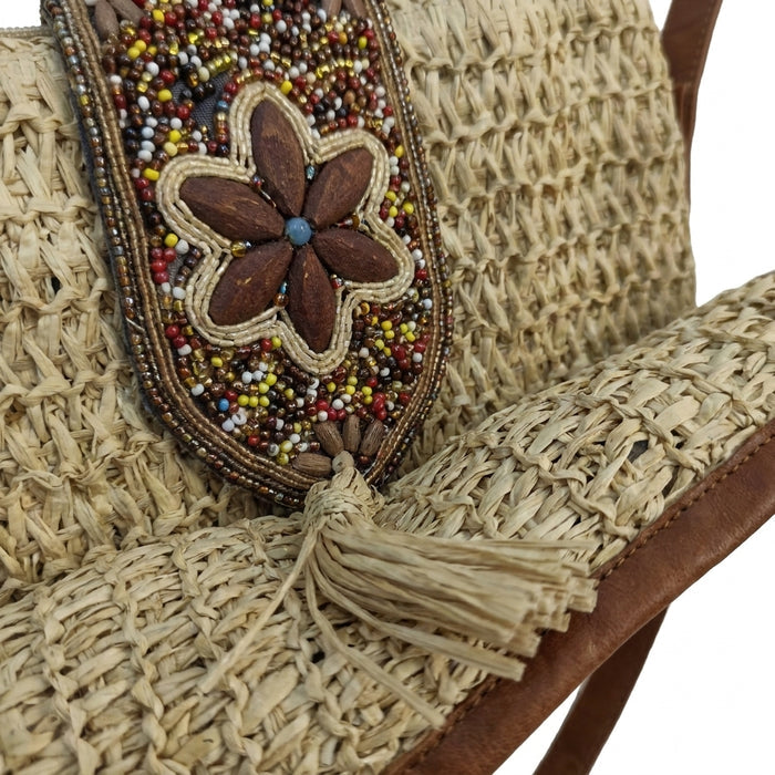 Woven Straw Crossbody Bag With Beaded Floral Flap