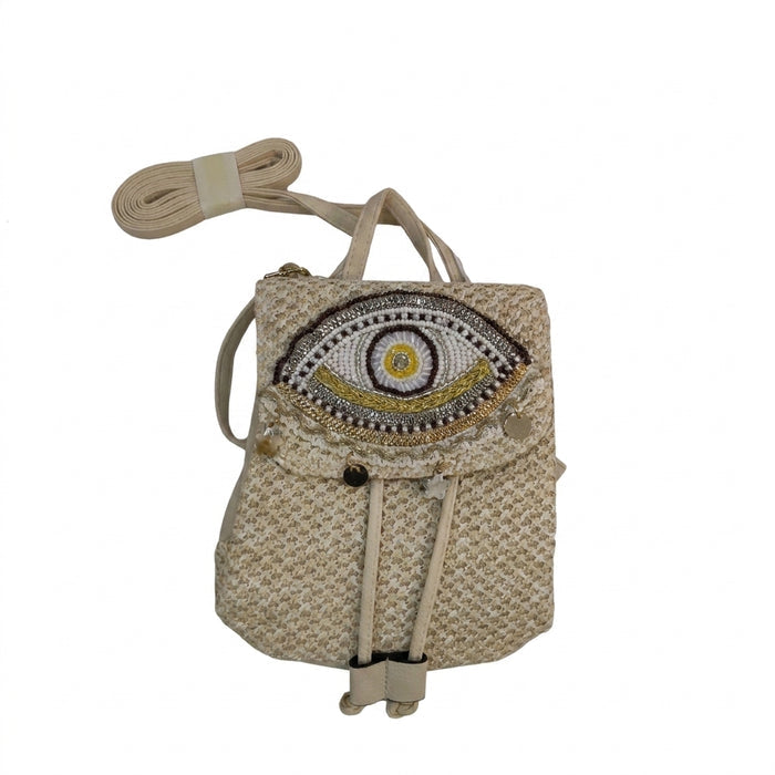 Woven Straw Mini Backpack With Beaded Evil Eye Design