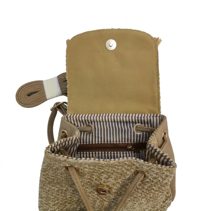 Woven Straw Mini Backpack With Fringe Flap