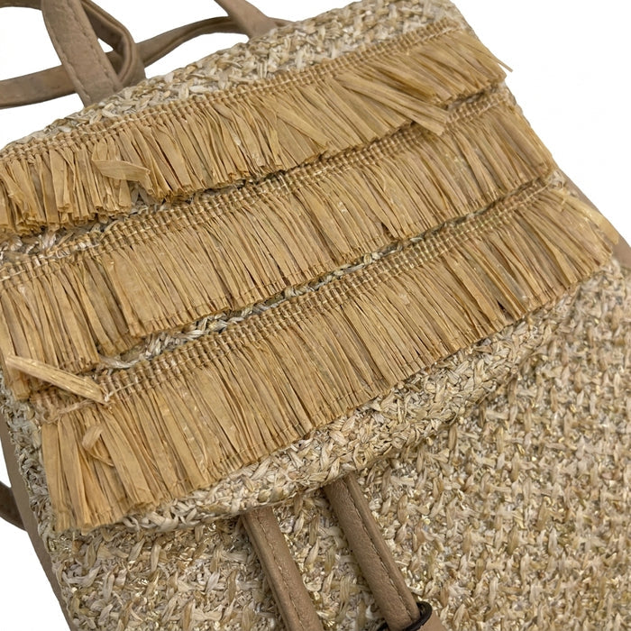 Woven Straw Mini Backpack With Fringe Flap