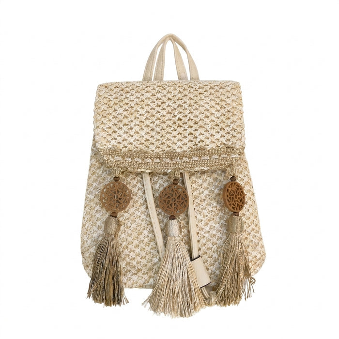 Woven Straw Mini Backpack With Tassel