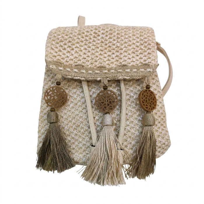 Woven Straw Mini Backpack With Tassel