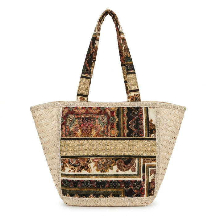 Woven Straw Tote Bag With Printed Front Panel