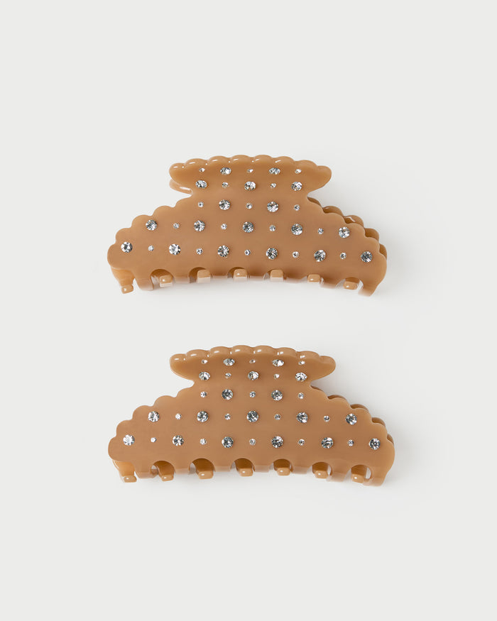 Yuri Tan/Crystal Hair Clip Set in tan resin.